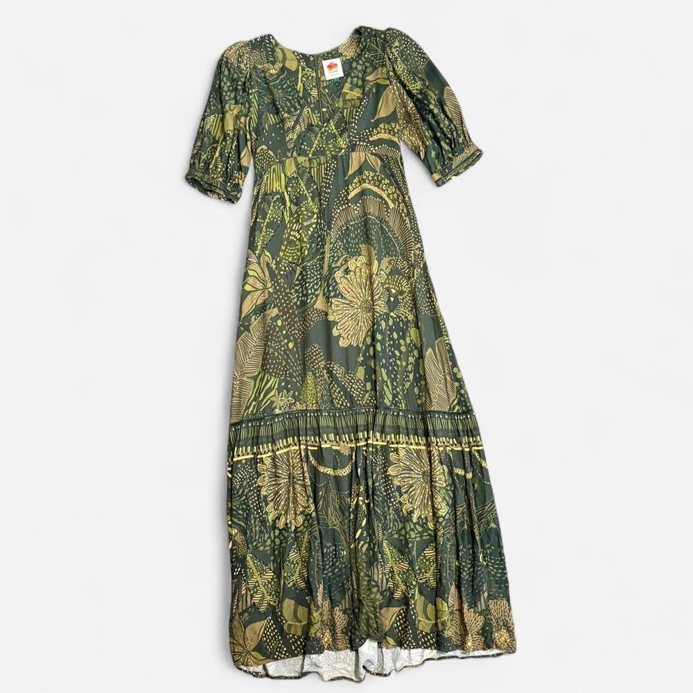 Farm Rio Dark Green & Yellow Tropical Floral Pattern Puff Sleeve Tiered Dress - Picture 6 of 8